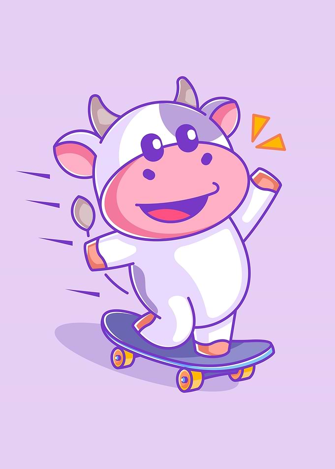 Cute cow playing skateboar