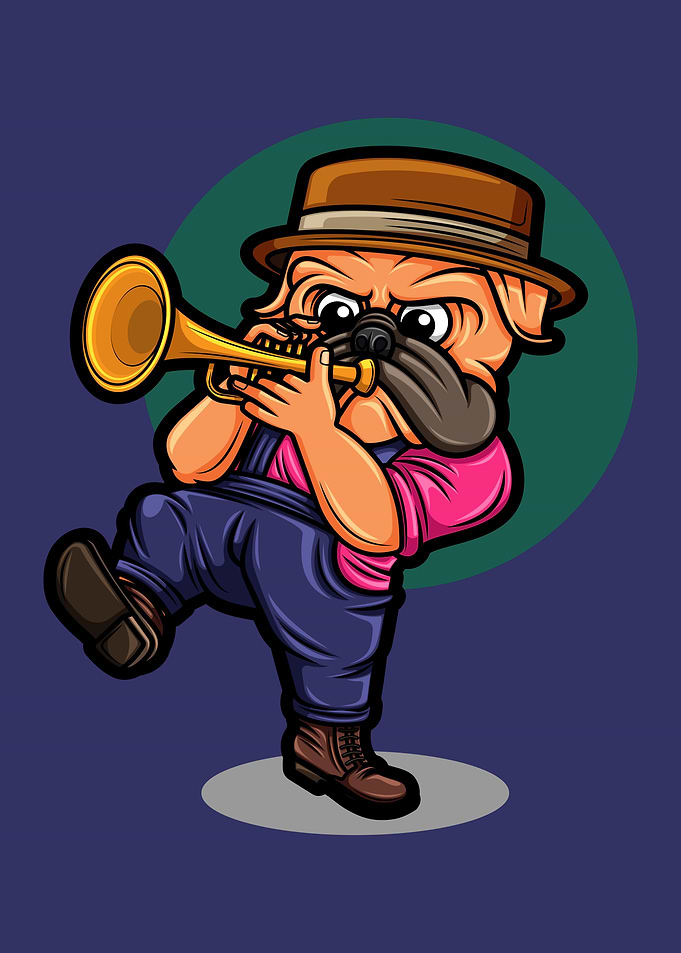 pug playing the trumpet