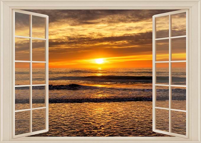 open window sea sunset
