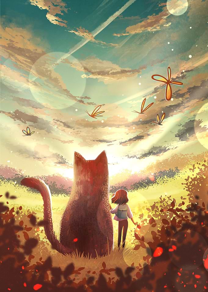 Big cat and cute girl