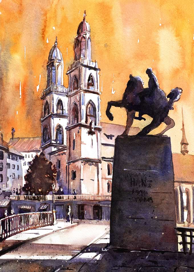 Zurich church at sunset