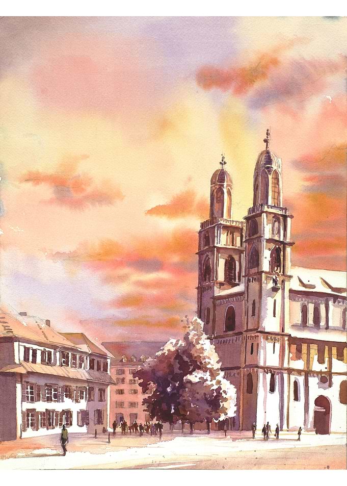 Zurich church at sunset