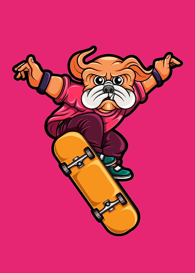 Cute pug dog skateboarding
