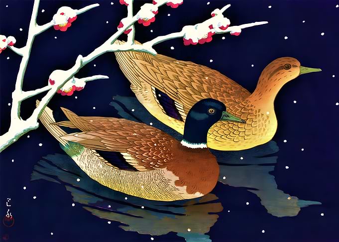Ukiyo e Duck Under Snow