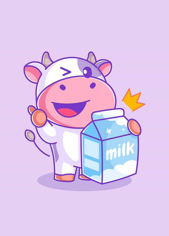 Cute cow with milk box