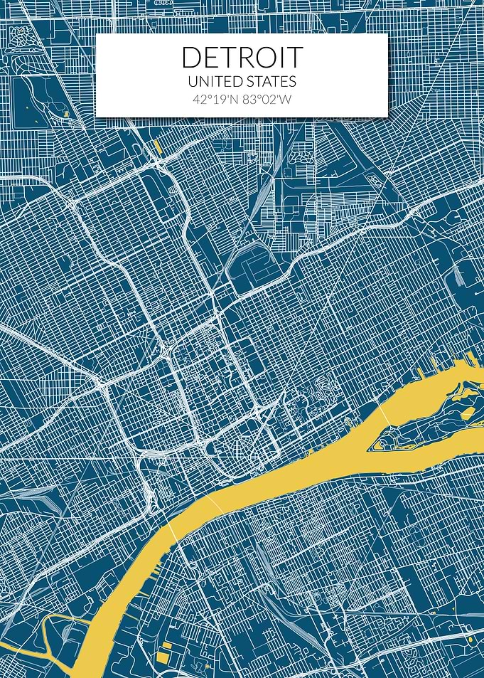 Detroit Map Blue Yellow