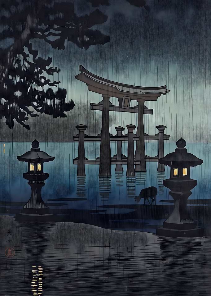 Ukiyo e Rain at Miyajima