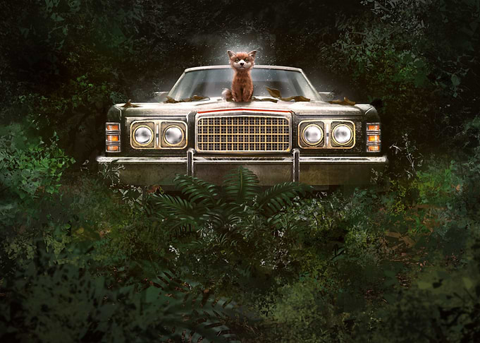 retro car cat dog