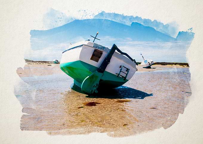 Watercolor of boat on sand