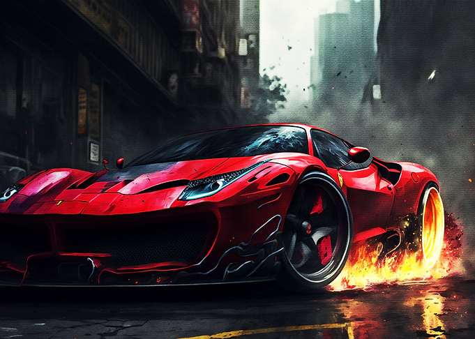 Red Car over fire smoke