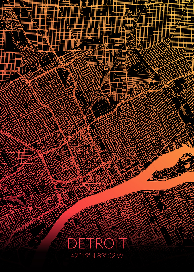 Detroit Map Black Orange