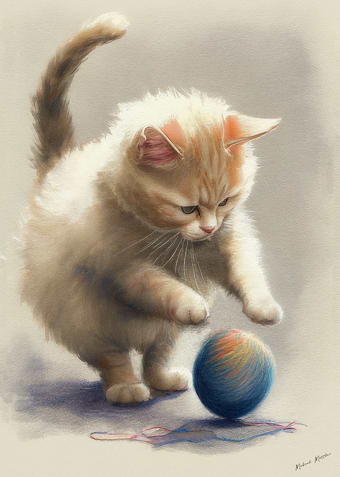Red cat jumps on ball