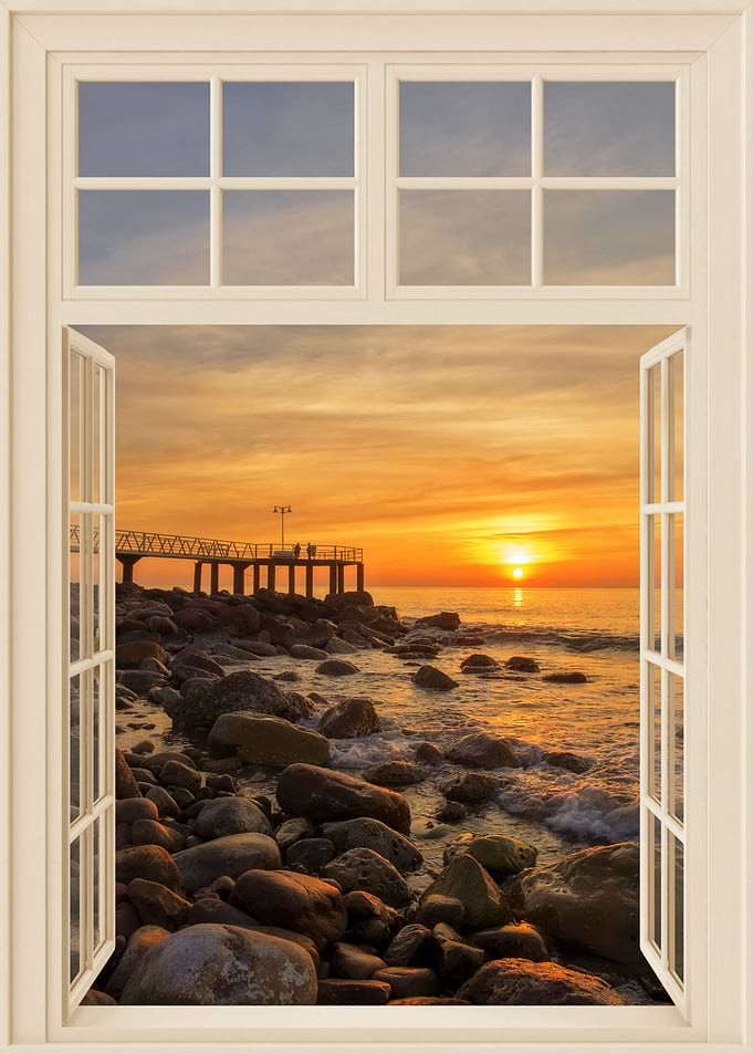 Open window view sea beach