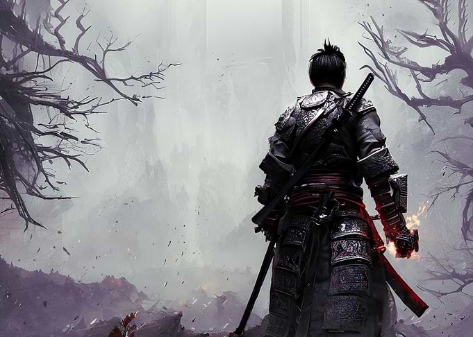 A samurai in a wasteland