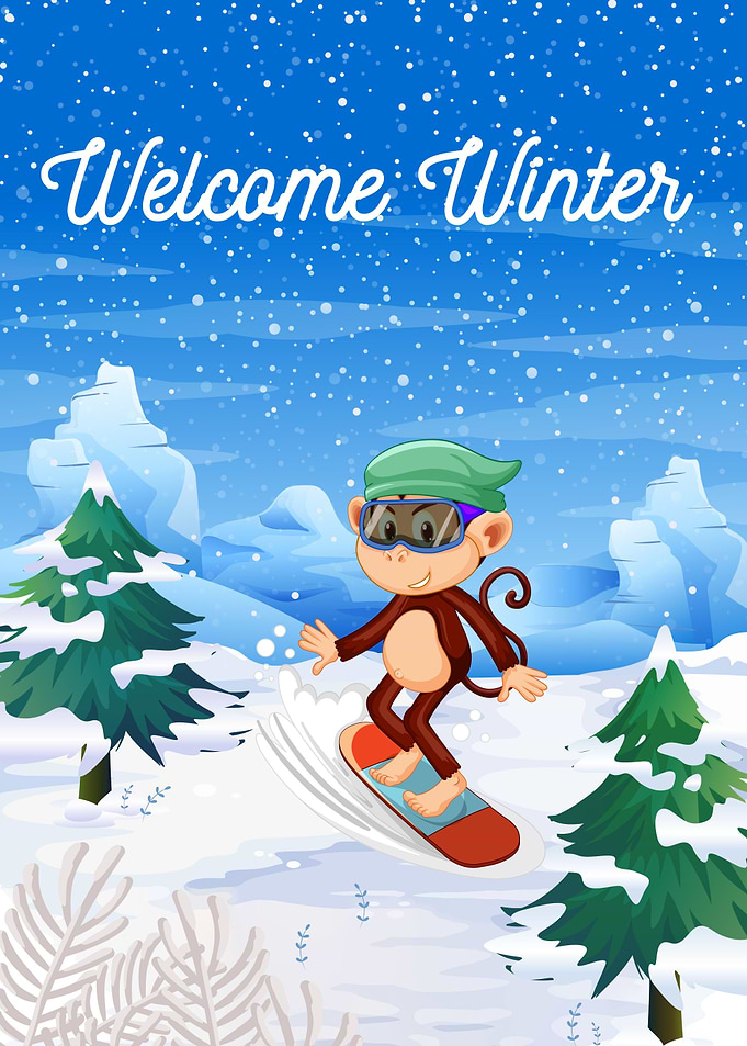 Monkey Skiing in Winter