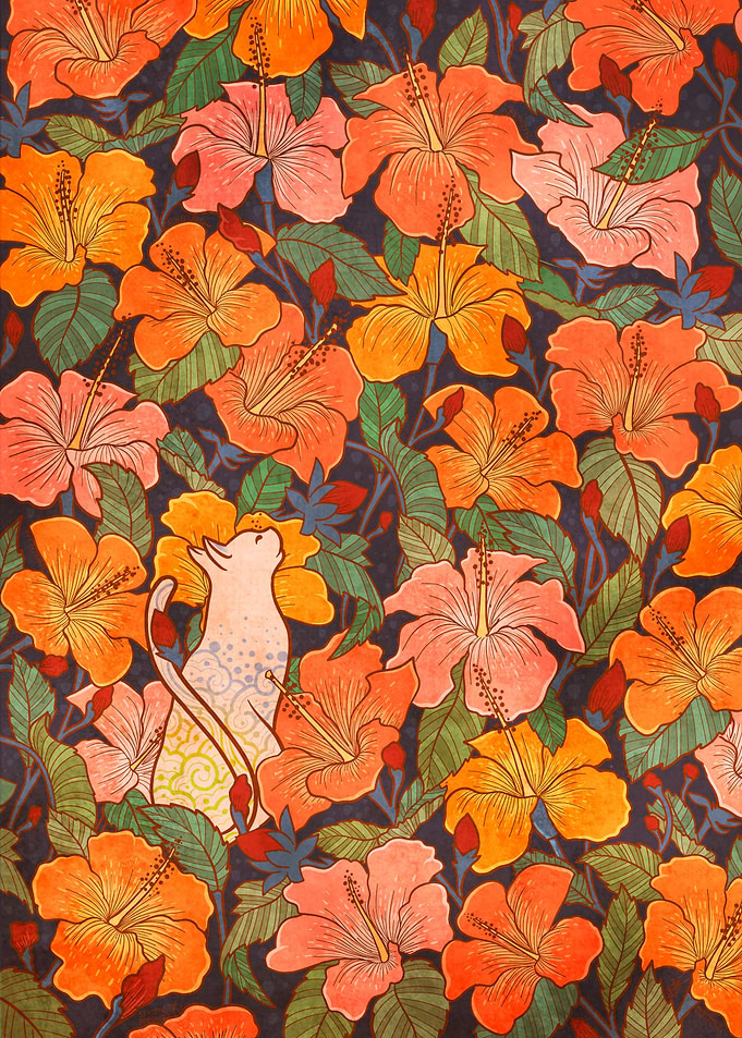 Cat and hibiscus