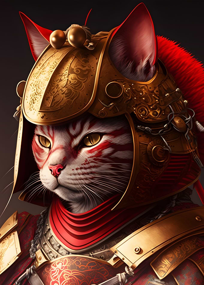 Samurai Cat in Red Gold
