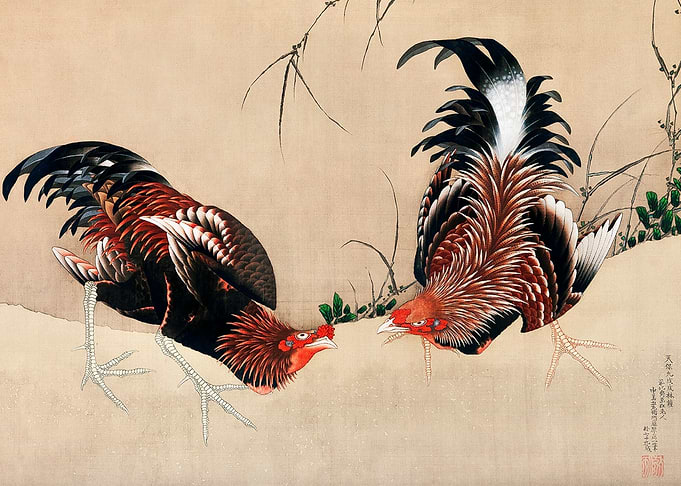 Gamecocks 1838 by Hokusai