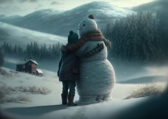 Happy kid with snowman