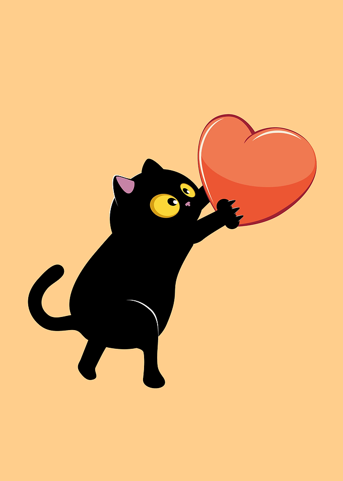Black cat holding heart