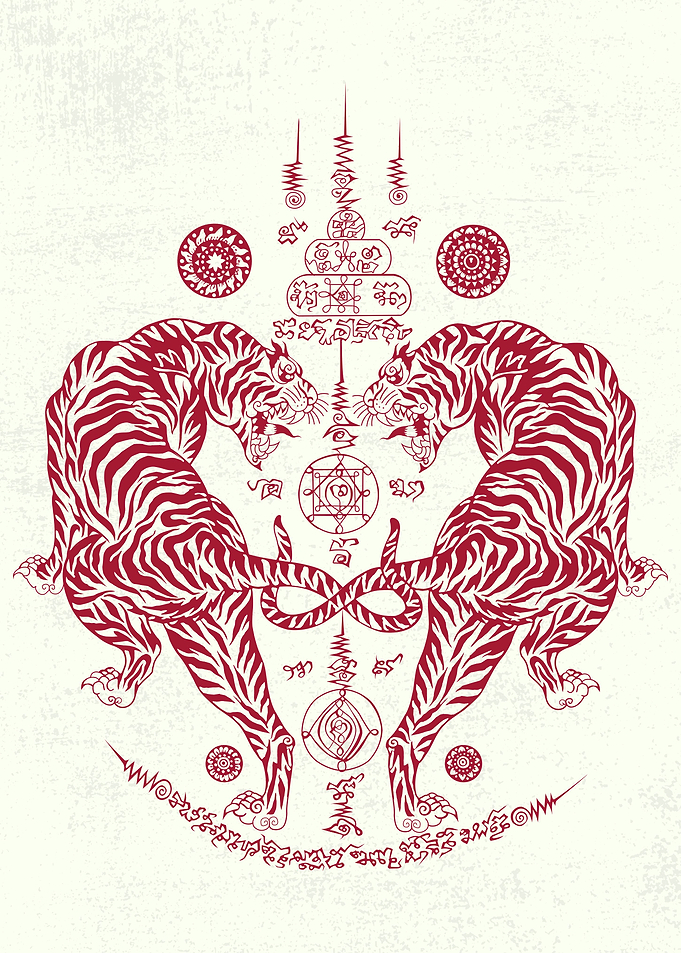 Sak Yant Twin Tigers Red