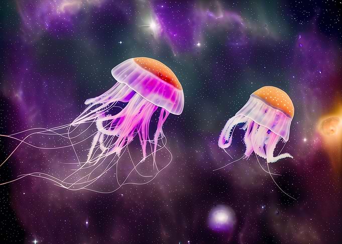Jellyfish swimming in spac