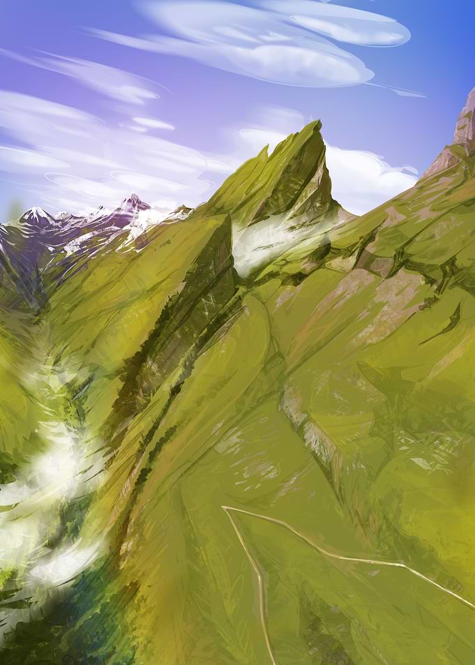 Green mountains and snow