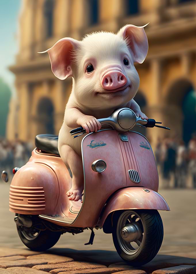 Piglet riding Vespa