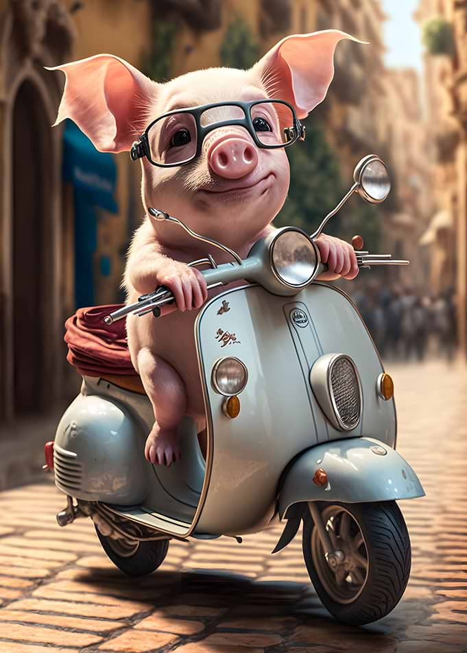 Piglet riding Scooter