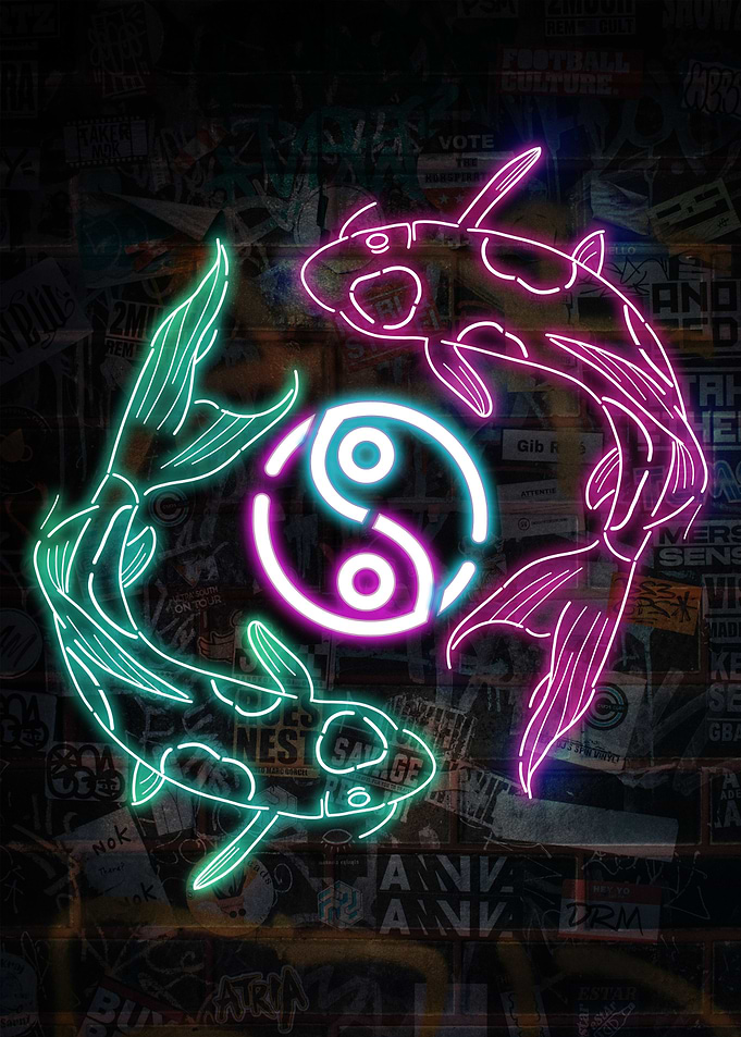Neon Koi Fish Yin Yang
