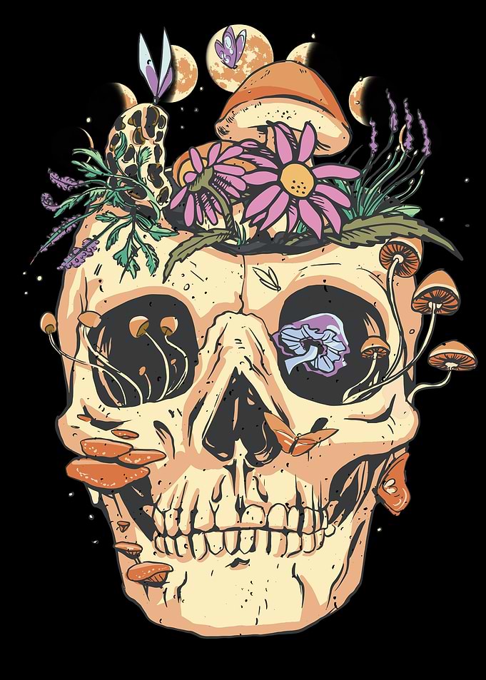 Skull wi flowers mushrooms