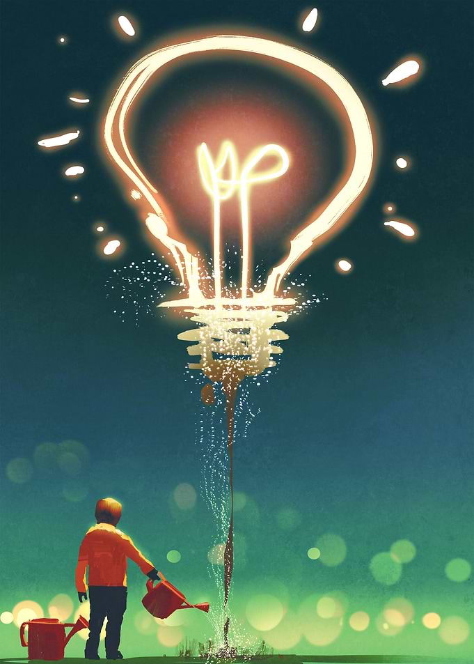 kid watering a big light