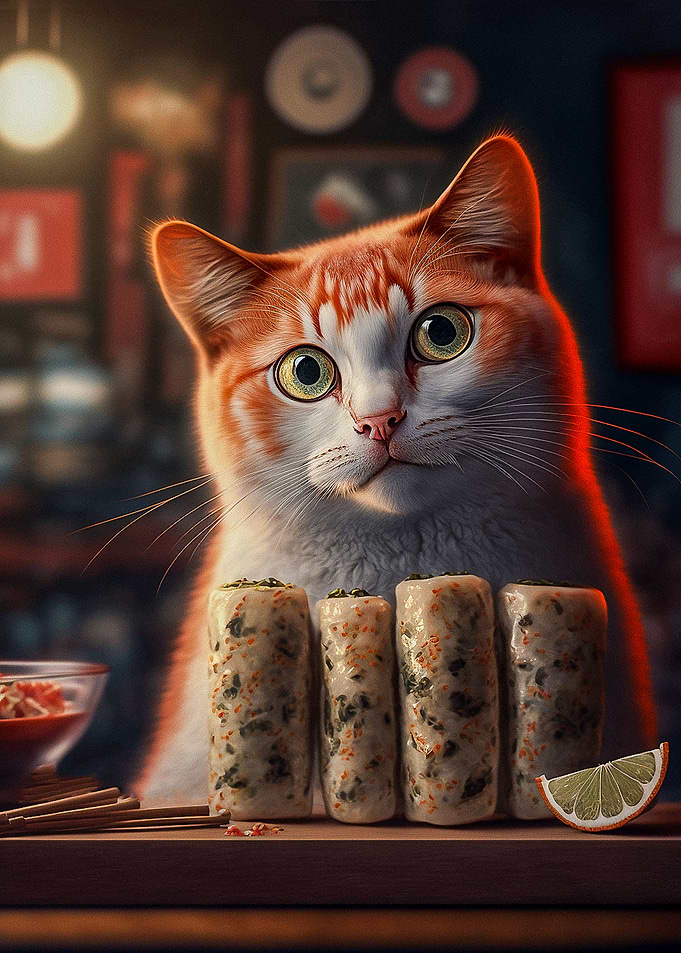 Cat with Spring Rolls