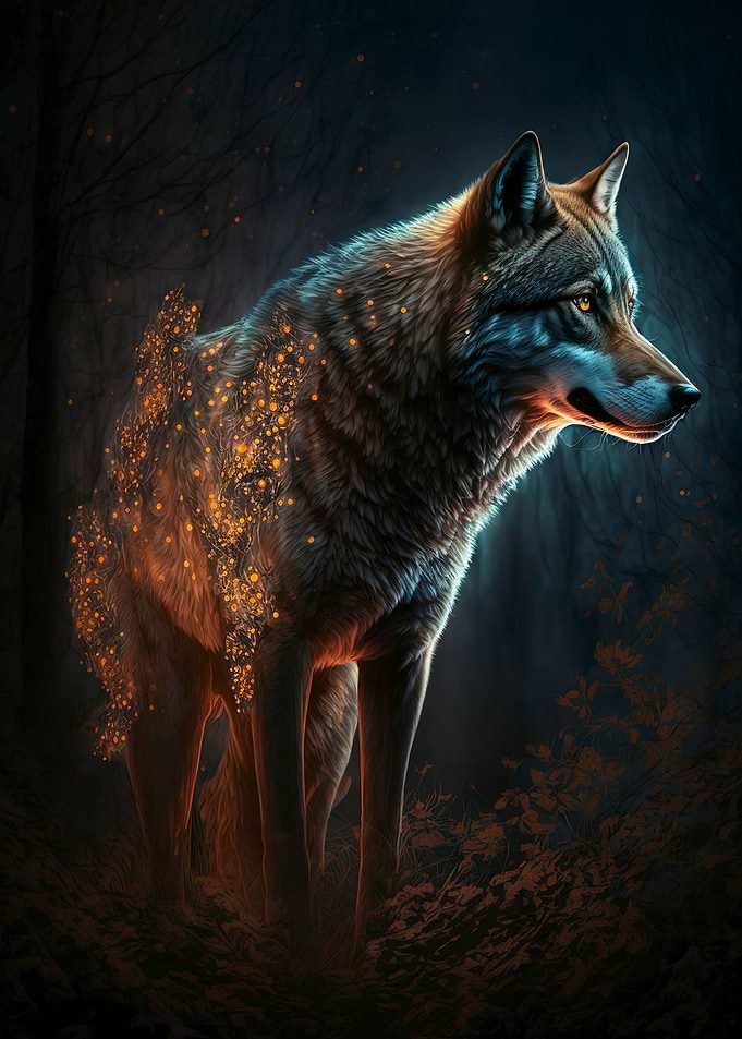 Wolf in the night forest