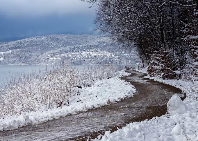 Winter alley, frozen lake