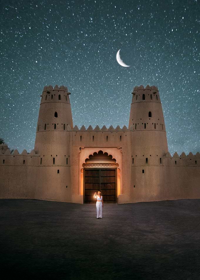 Desert fort at nighttime