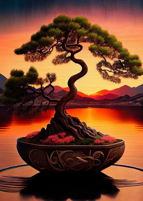 Bonsai at Sunset — bonsai tree metal wall art