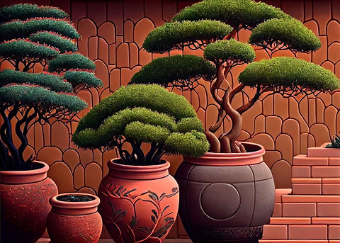 Bonsai Red Clay Pots — bonsai tree metal wall art