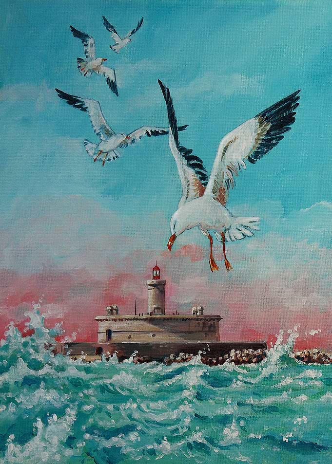 Lighthouse Seagulls Waves