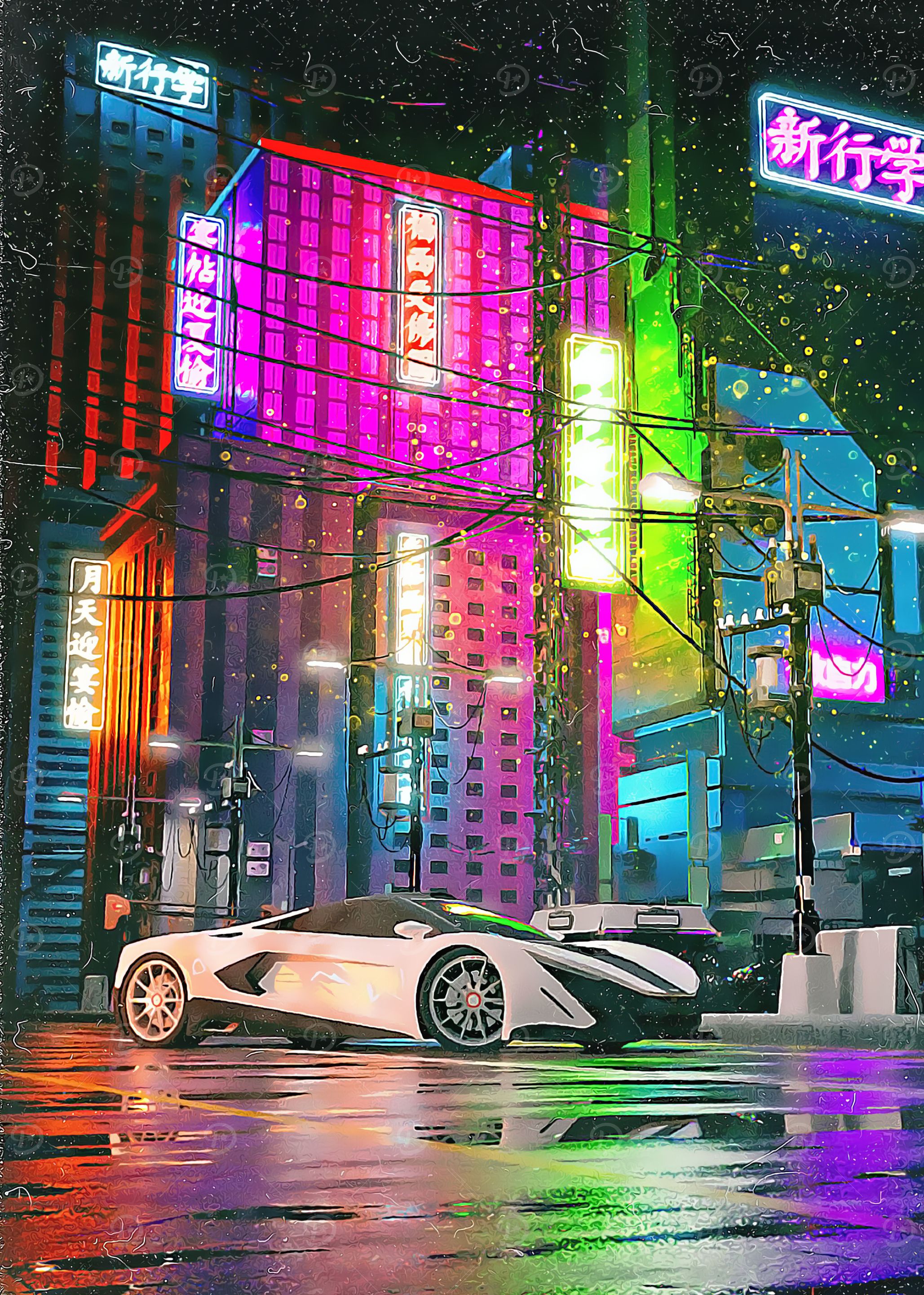 White Car Neon tokyo