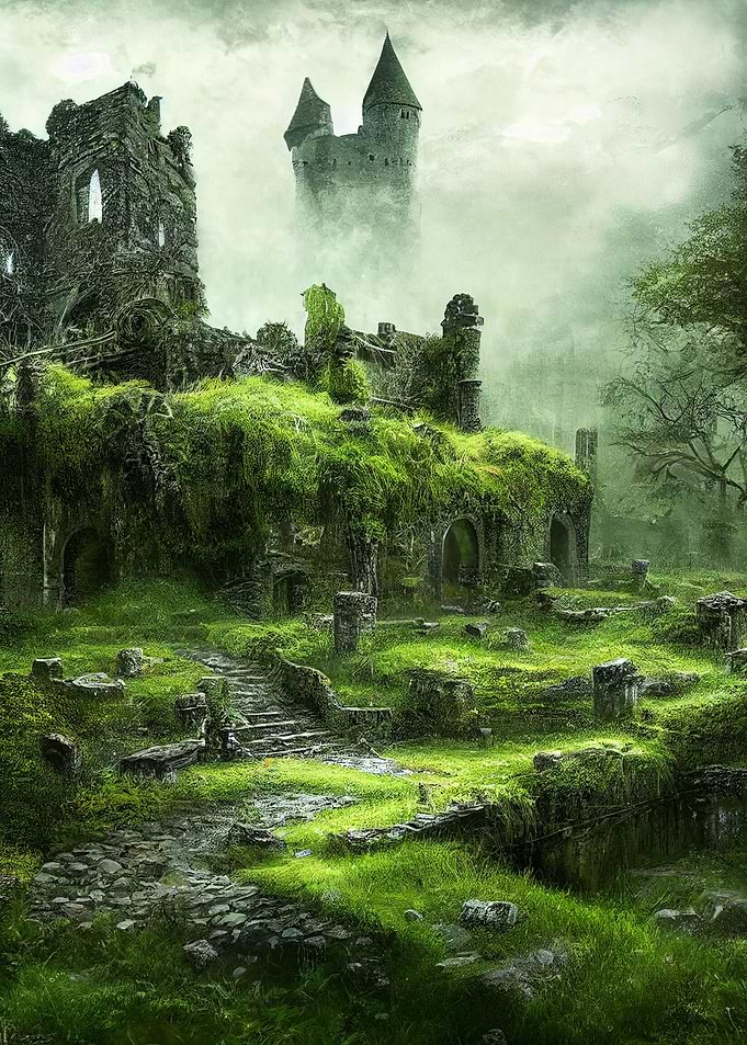 Powerful ruin in fog
