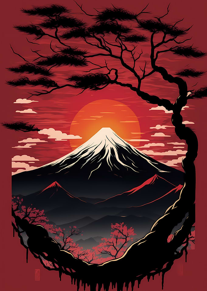 Red Sunset over Mount Fuji