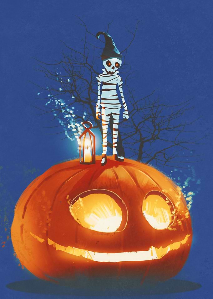mummy standing on pumpkin