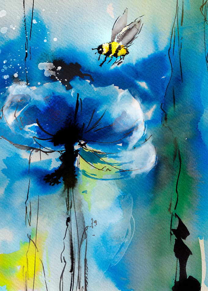 Honey bee on blue