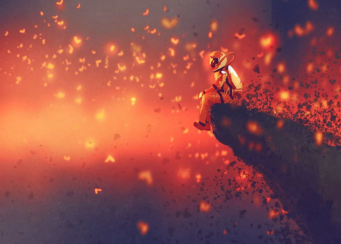 astronaut sitting on cliff