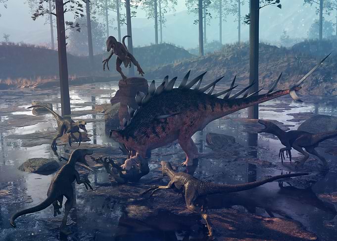Raptor hunting Stegosaurus