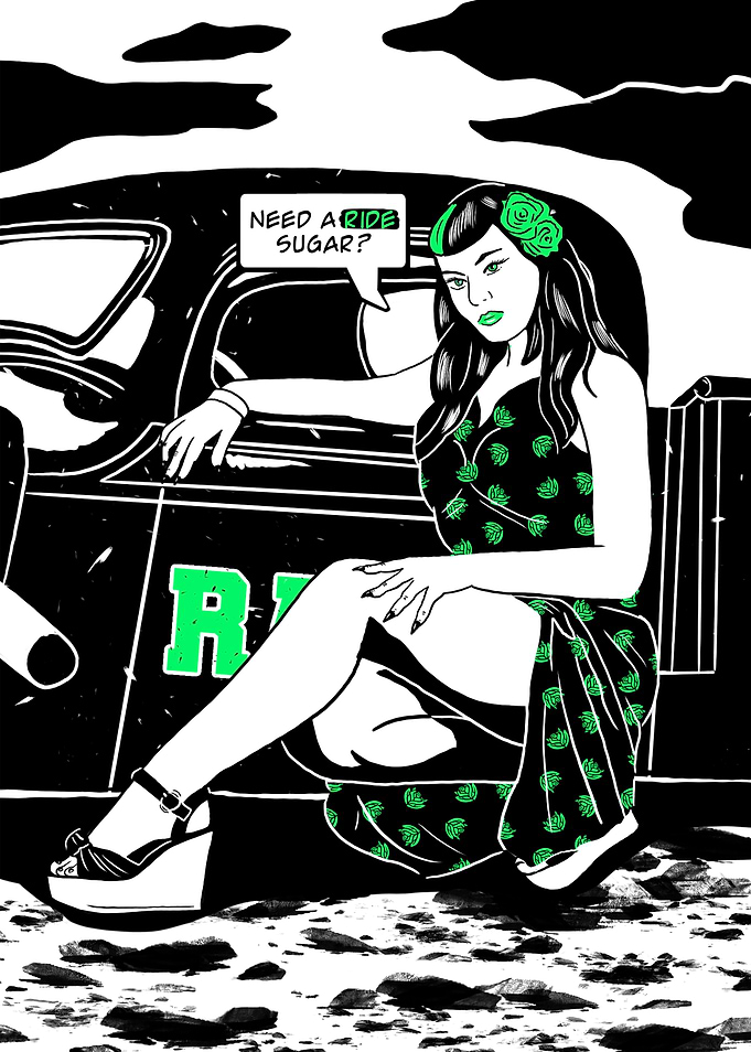 sexy pinup babe with car