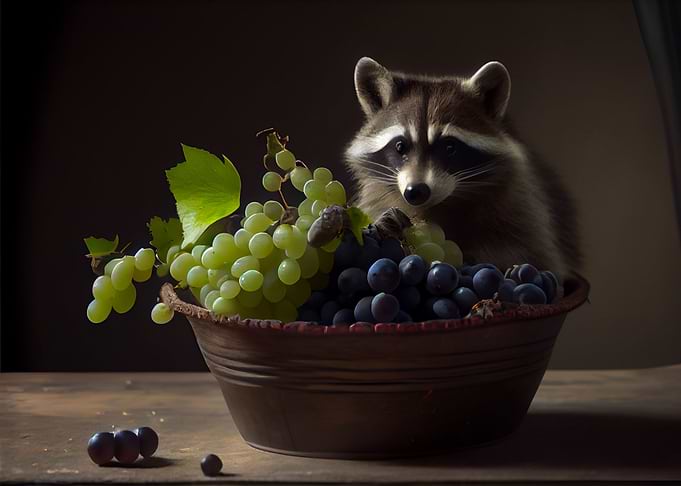 Raccoon eating grapes