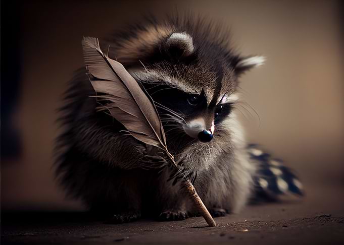 racoon plays with feather