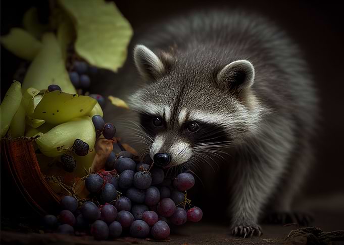 Racoon eats grapes